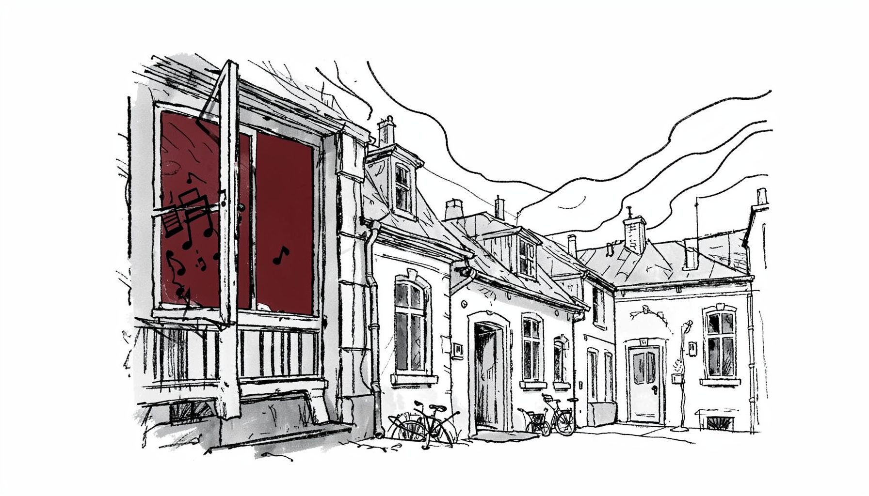 Ilustración a tinta de un paisaje urbano europeo con una ventana abierta de la que parece salir música, sugerida por líneas ondulantes que evocan melodías